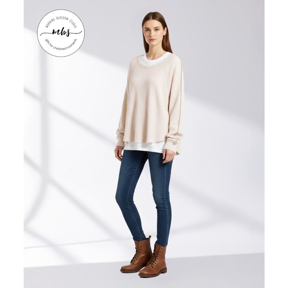 We The Free Waffle Knit Crew‎ Neck Oversized Tunic Sweater Cream Women S